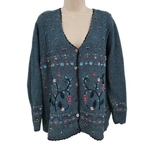 VTG TanJay Cardigan Sweater Women M Blue Floral Embroidery Button Grandmacore